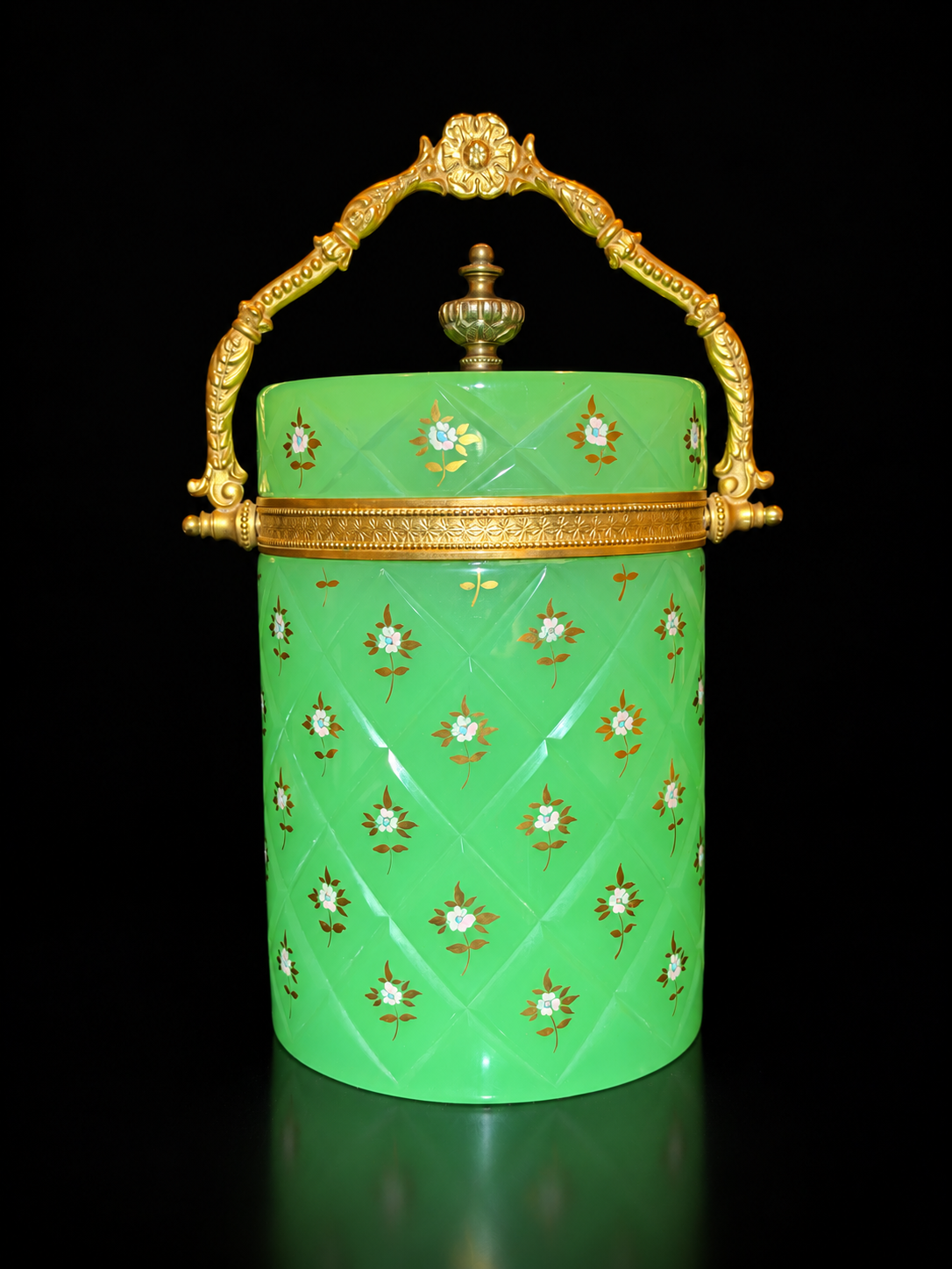 Lidded Quilted Green Opaline Glass Jar with Hand Painted Pink Florals