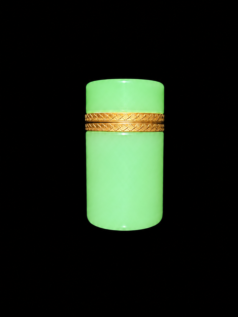 RESERVED Antique Green Opaline Glass Cylinder with Ornate Hinge
