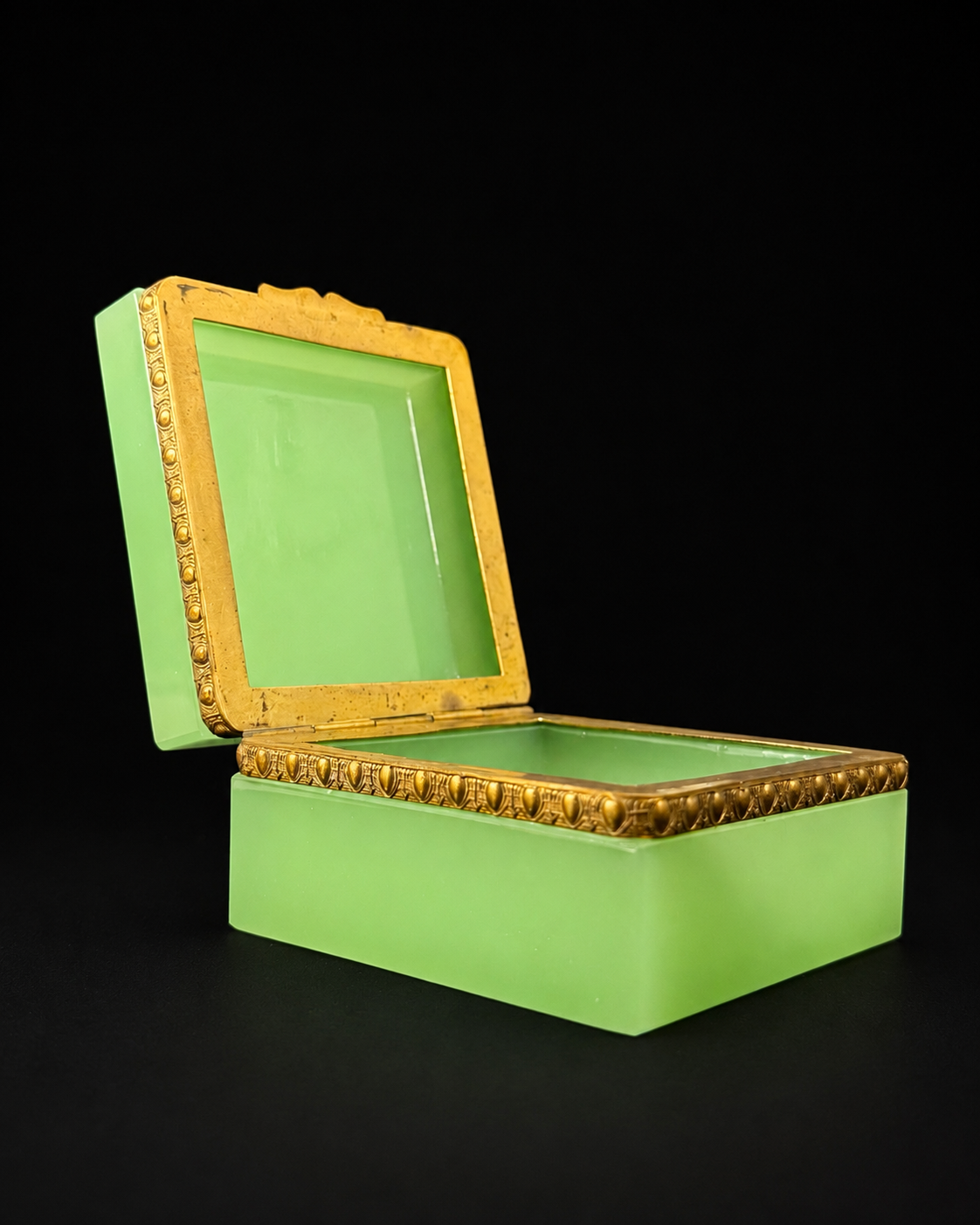 RESERVED Antique Green Opaline Glass Casket