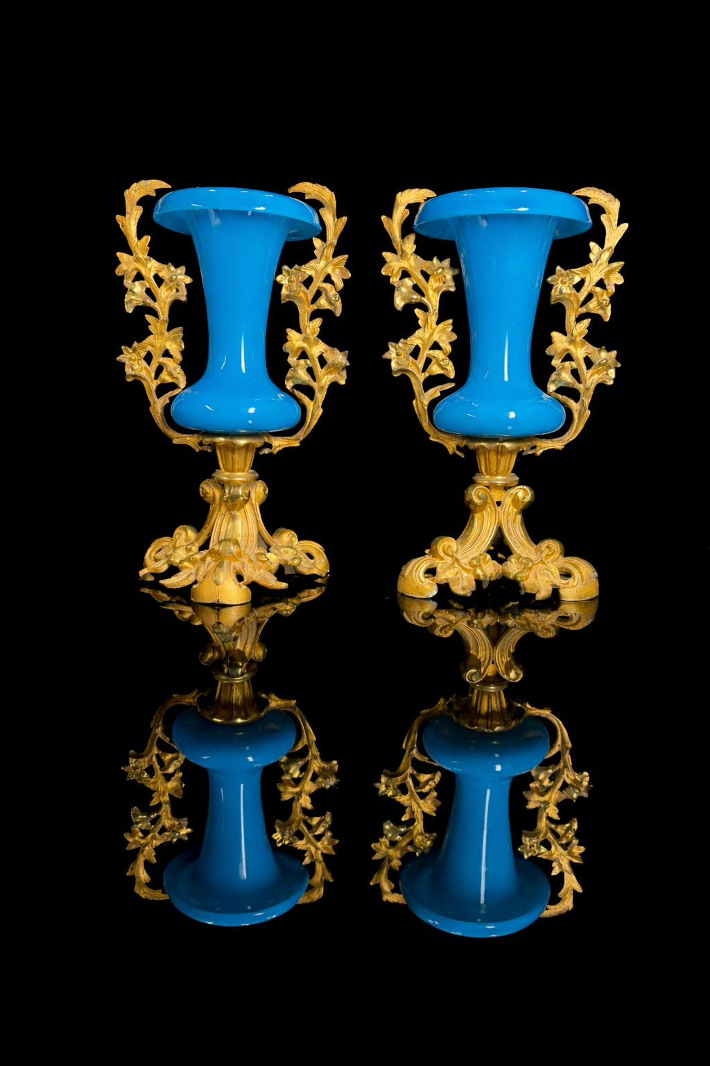 Pair of French Napoleon III Blue Opaline Vases with Gilt Bronze Mounts
France