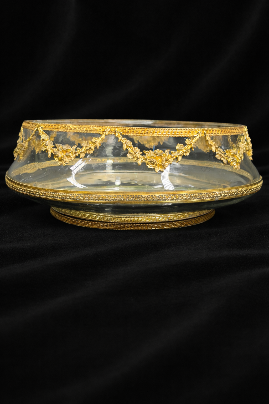 Antique French Rose Floral Swag Crystal Glass Bowl
