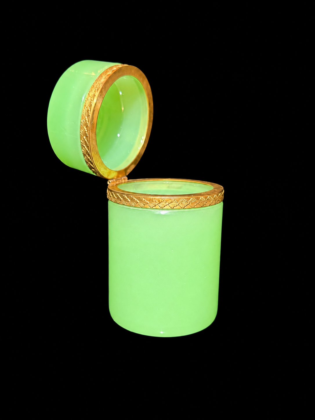 RESERVED Antique Green Opaline Glass Cylinder with Ornate Hinge